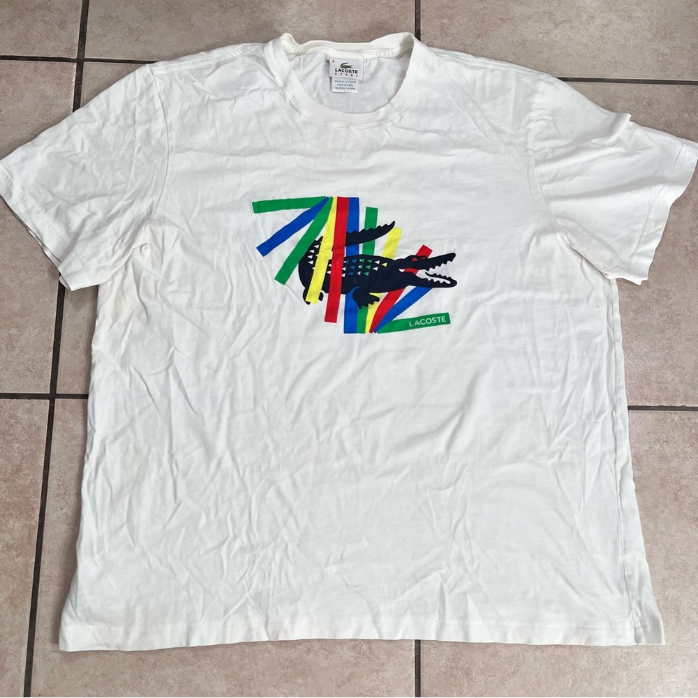Lacoste Sport Men’s Sz 8 Performance Shirt White Black Gator Rainbow Colorful